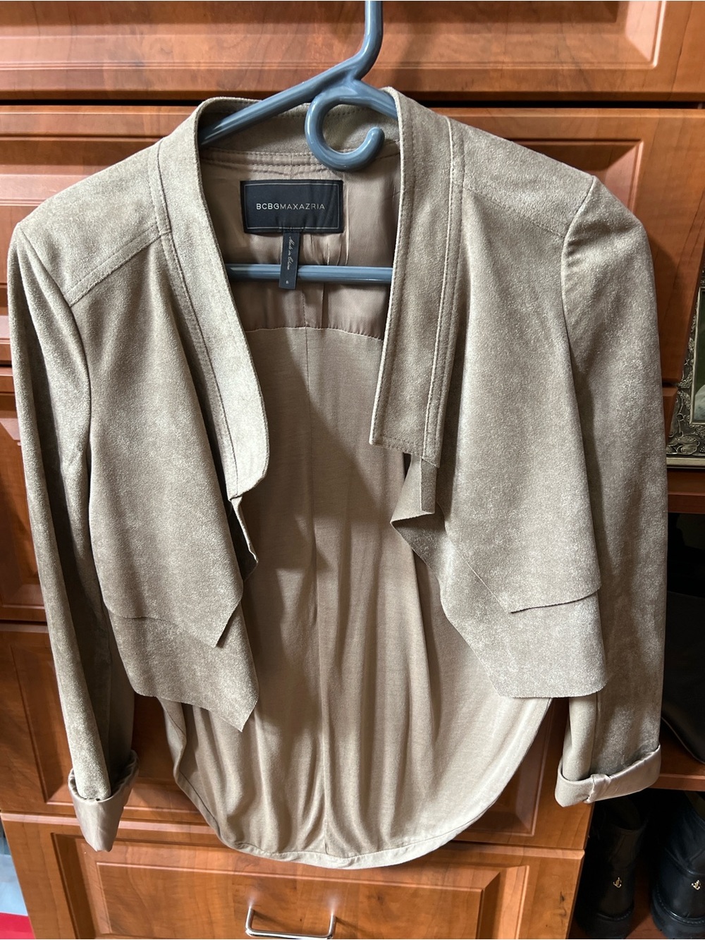 BCBGMaxAzria suede Taupe Draped Open-Front Blazer